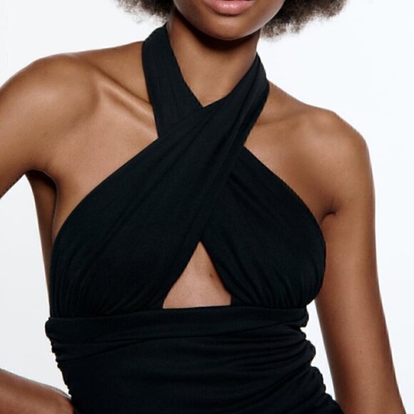 #15 NWT Zara Draped Halter Dress in Black - Picture 3 of 10